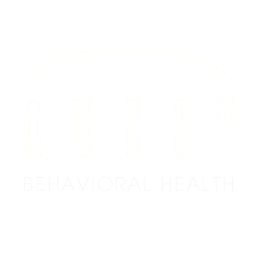 The image displays the logo for Quest Behavioral Health with stylized text and an arc above "Quest," serving clients in New York and Connecticut.