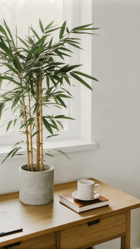 A potted bamboo plant sits on a wooden desk near a window in a New York psychiatrist’s office, beside a closed notebook with a white coffee cup and saucer on top.